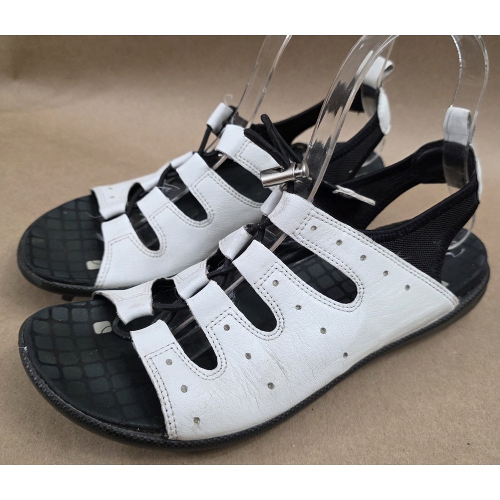 ECCO (Sz 38) Womens Jab Toggle White Leather Bungee Cord Sandals